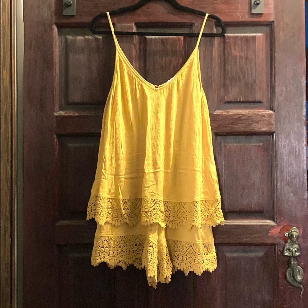 Mustard yellow shorts bodysuit lace trim spaghetti strap large